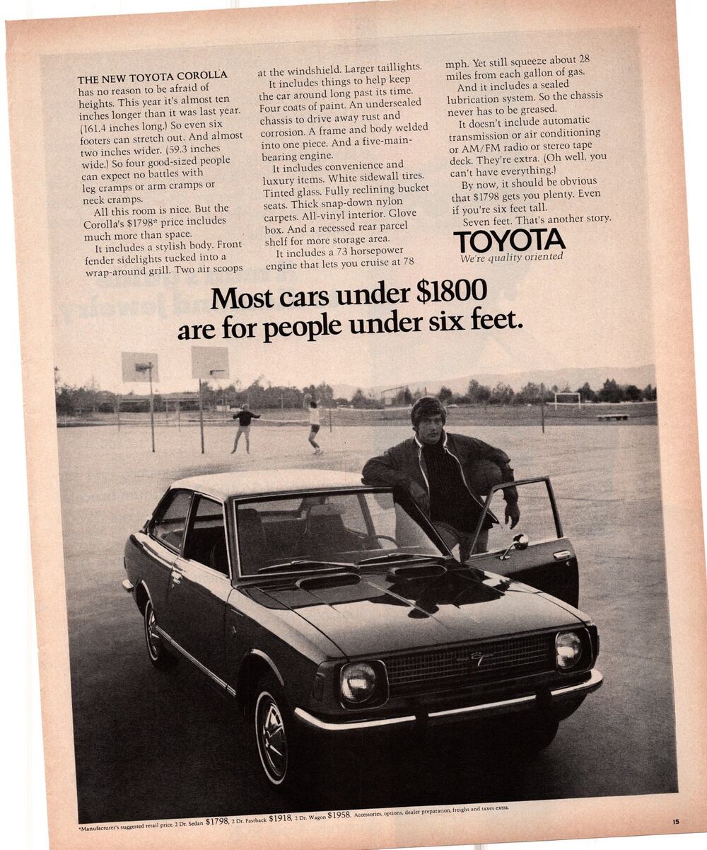 Toyota Corolla Advertisement 1970 Vintage Car Automobilia Compact Japan B&W